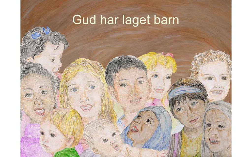 Mange barn står oppstilt. De har forskjellig hudfarge og forskjellig klesdrakt. Tegning.
