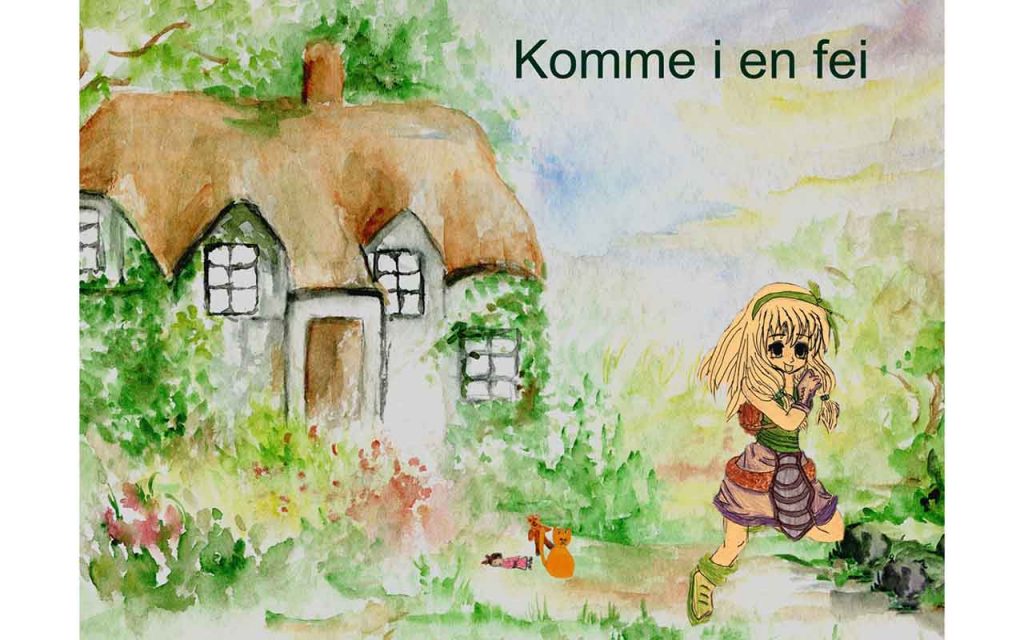 Jeg jente løper fra et hus. Noen leker ligger igjen ute. Tegning.