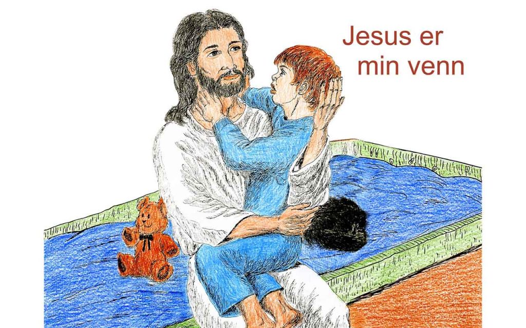 Jesus sitter på ei seng og holder rundt et barn i pysj. Tegning.