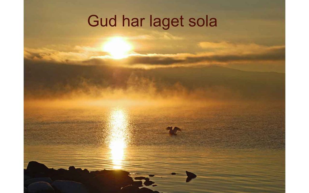 Lav sol som speiler seg i et tåkelagt vann. Svaner svømmer i forgrunnen. Foto.