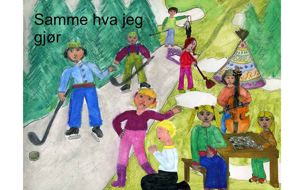 Mange barn er ute. Noen går på skøyter, andre feier, viser fram fisk de har fisket, spiller cello eller spill, vinker eller ber. Barnetegning.
